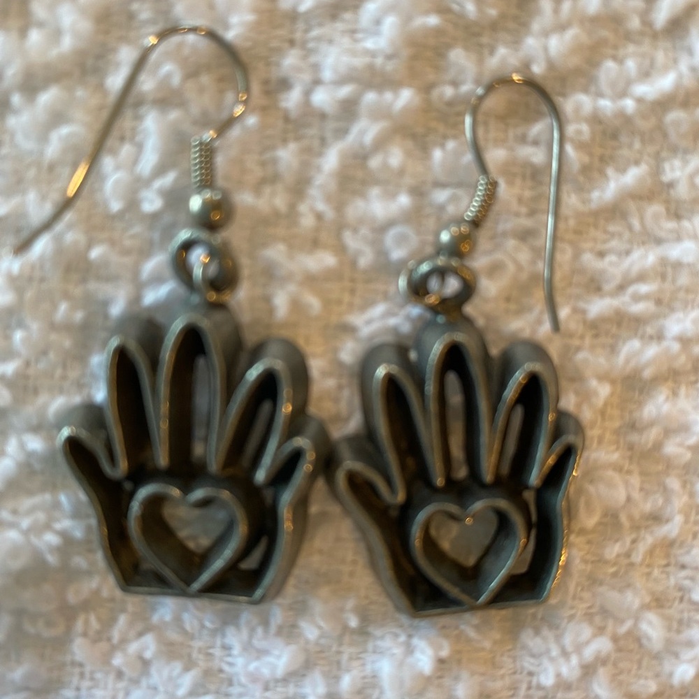 Hand-Shaped Earrings with Heart Design Ann Clark Design 1995 Pewter colored